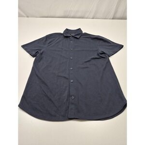BYLT Premium Basics Shirt Mens L Blue Pique Knit Short Sleeve Button Up Casual